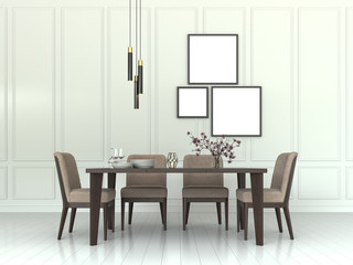 Mock up poster frames in white Scandinavian dining room with golden ceiling lamp, plates, wooden chairs and table. Interior background, 3D render, illustration