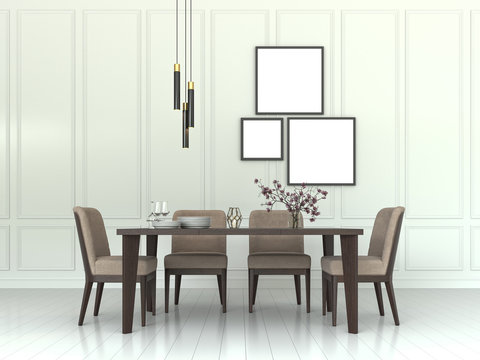 Mock up poster frames in white Scandinavian dining room with golden ceiling lamp, plates, wooden chairs and table. Interior background, 3D render, illustration