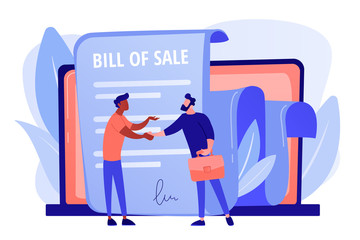 Document for purchase. Customer and purchaser deal. Buying contract. Bill of sale, written selling document, execution of a sales contract concept. Pink coral blue vector isolated illustration
