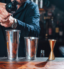 Bartender preparing cucumber martini cocktail at the bar, alcoholic drink