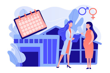 Doctor provides health services to pregnant woman and during labour. Maternity services, maternal perinatal health, pregnancy and birth care concept. Pinkish coral bluevector vector isolated