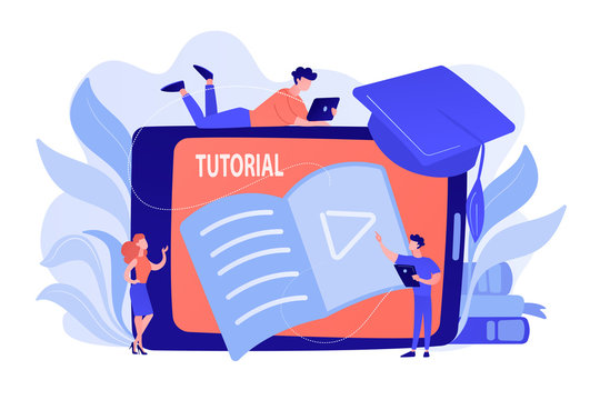 Students watching video tutorial on tablet with player sign. Online education, web educational video, online courses and training, e-learning concept. Vector isolated illustration.