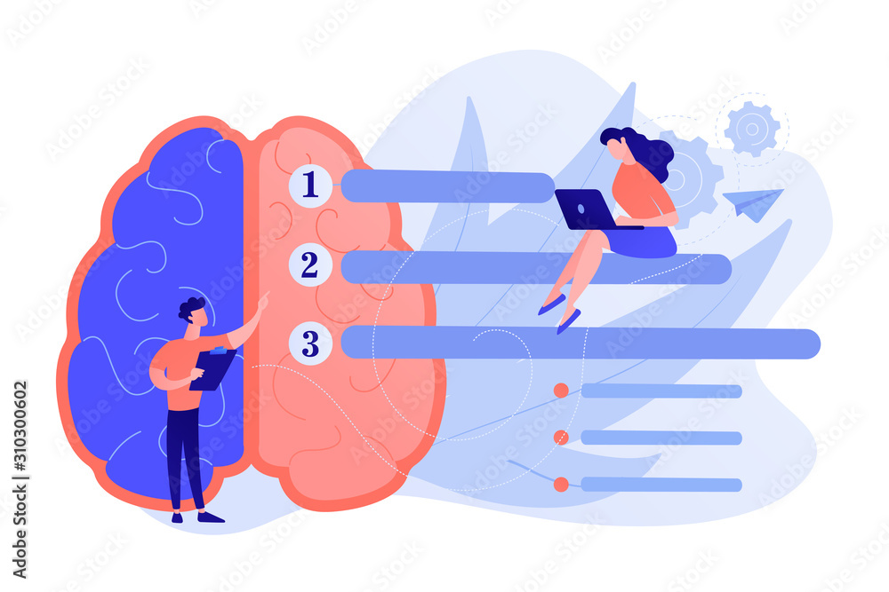 Poster brain with tasks and users with laptops planning. strategy and planning, analyzing, setting goals, b