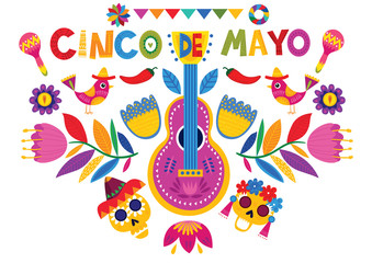 Mexican holiday 5 may Cinco De Mayo. Mexican Holiday banner, poster and party invitation design with traditional Mexican guitar, symbols, skull and flowers