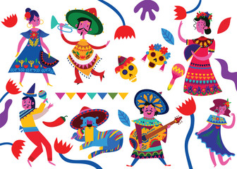 Mexican vector set of mexican characters in flat hand drawn style. Characters for celebration, national patterns,fiesta and decoration.Isolated on white background.