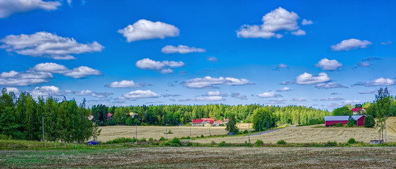 Fototapeta na wymiar Finland pastoral countryside landscape panorama with green-yellow cereals field and barn surrounded by forest.