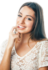 Fototapeta premium young pretty stylish hipster blond girl posing emotional isolated on white background happy smiling cool smile, lifestyle people concept