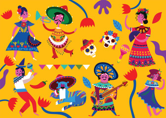 Mexican vector set of mexican characters in flat hand drawn style. Characters for celebration, national patterns,fiesta and decoration