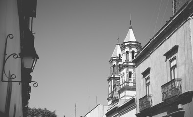 Black and white portrait of street in the historic district of Querétaro, Mexico