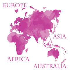 World map part Europe, Asia, Africa and Australia in pink vector watercolor illustration