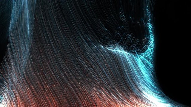 4k looped Epic space swirl abstract background of moving lines. Upward flowing from luminous lines with dots.