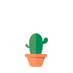 Cactus Short and small friendly cactus in an orange pot with two arms and spikes. Flat design illustration.