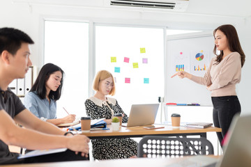 young asian team meeting and discussion about performance and result,  female officer present about organization business profit, she feeling serious and ask her team, innovation and development
