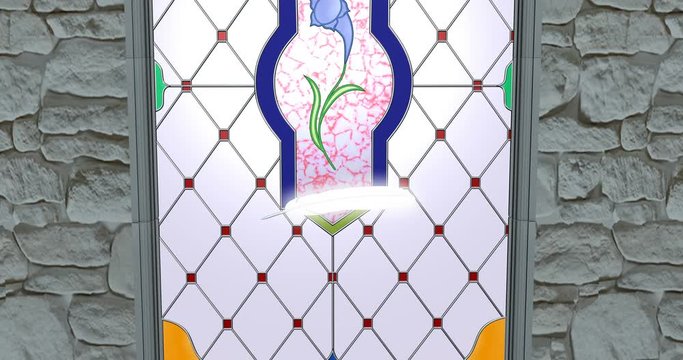 Magic feather appears in front of vitrage window inside gothic castle 3d illustration render