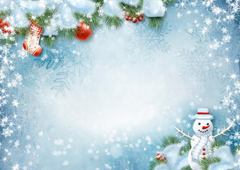 Christmas background with a snowman and Christmas Sock on a wooden background