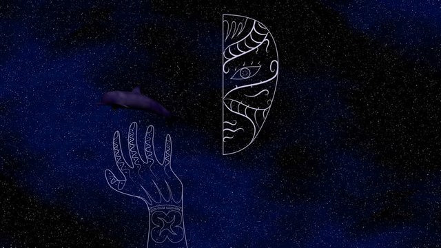 Glowing half face, hand tattoo, dolphin on a space background 3D illustration animation