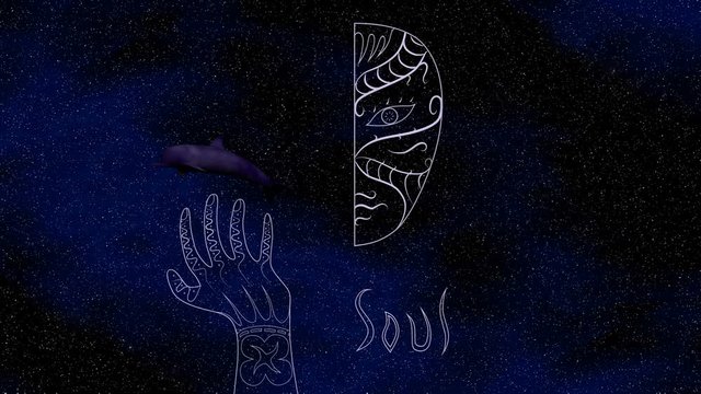 Glowing half face, hand tattoo, dolphin and soul sign on a space background 3D illustration animation