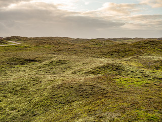 Norderney, Germany. 7 December 2019. Grassy dunee under cloudy sky on the island of Norderney in the late winter sun.