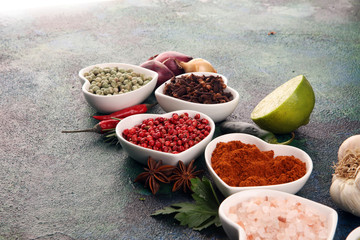 Spices and herbs on table. Food and cuisine ingredients with oil and vinegar