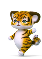 cute tiger cartoon passing by in white background