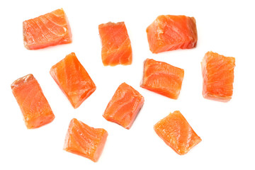 Red fish. Raw salmon fillet isolate on white background. Top view