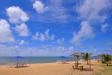 Beautiful sandy beach Praia Do Mutari Brava with beach chairs and umbrellas, Santa Cruz Cabralia, Coroa Vermelha, Porto Seguro, Bahia, Brazil
