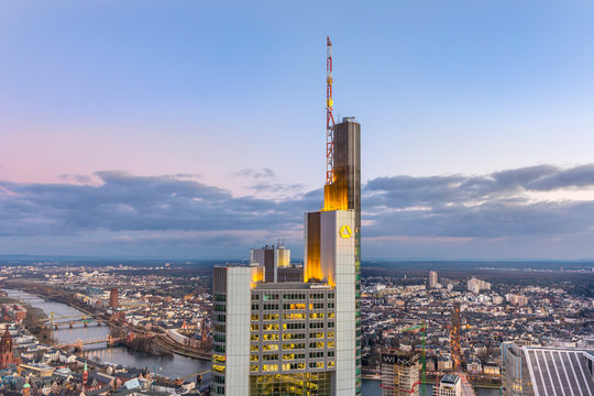 Skyline of Frankfurt with river Main and skyscrapers
