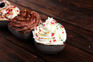 soft ice cream in flavor vanilla, chocolate and strawberry. Delicous creamy refreshing ice cream