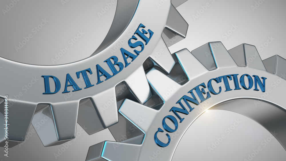 Poster database connection concept. words database connection written on gear wheels.