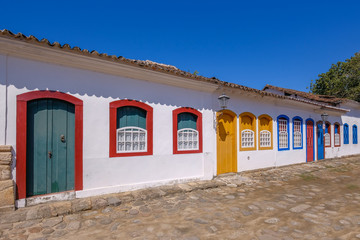 Colorful houses of historical center in the colonial city of Paraty, Rio de Janeiro, Brazil