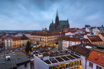 Old Town with Christmas Market and Cathedral of St. Peter and Paul in Brno, Czech Republic as Seen...