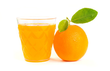 Fresh orange juice on glass with fruits, isolated on white background. Citrus juice, vitamin C.