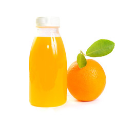 orange juice in bottles and fruits isolated on white background