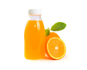 orange juice in bottles and fruits isolated on white background