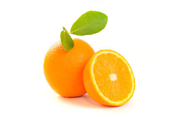 Fototapeta na wymiar Orange fruits with leaf isolated on white background. Citrus fruit, vitamin C.
