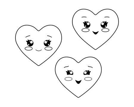 Kawaii hearts, hearts with cute emotional faces, hearts emoticons set for Valentine's Day - vector linear picture for coloring. Outline. Hand drawing.