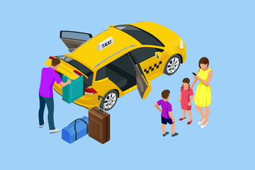 Isometric Ordering Online Taxi and Call a taxi online, mobile application concept for landing page. Street traffic, parking, city transport, GPS route point pins on smartphone and touchscreen © Golden Sikorka