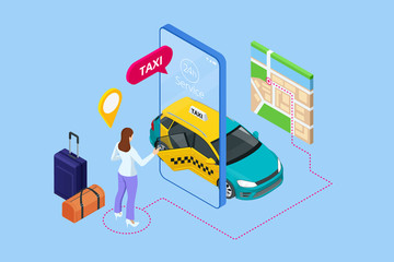 Isometric Ordering Online Taxi and Call a taxi online, mobile application concept for landing page. Street traffic, parking, city transport, GPS route point pins on smartphone and touchscreen © Golden Sikorka