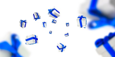 Fototapeta premium Surprise gifts. Gift boxes with blue ribbons isolated on white. Christmas background with Surprise boxes
