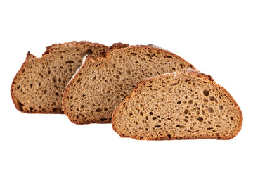 three slices of rye bread in closeup isolated on white