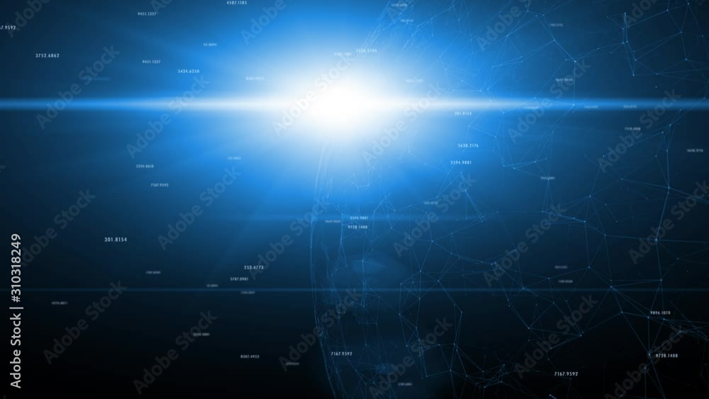 Poster network data earth with motion lines, dots and sun light rotation. growing cyberspace on black backg