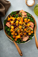 Winter or fall salad with kale, chickpeas and butternut squash
