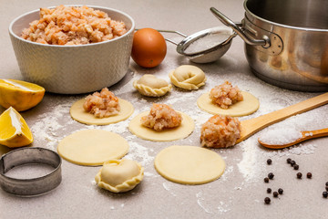 Fish dumplings. Ingredients for home cooking. Fresh dough, fish, spices, cooking equipment. Stone concrete background