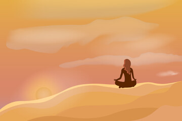 girl meditates on sunset in the desert - 310321092
