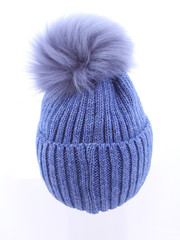 knitted blue hat isolated on white background.