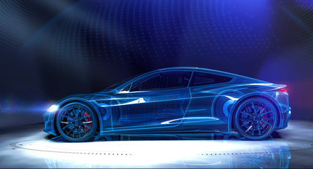 Wireframe of sports car in dark environment (3D Illustration) © Open Studio