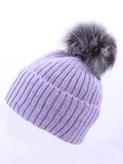 luxury knitted wool hat with fur pompom, lilac and turquoise, autumn, winter, isolated on white background, trim