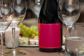 Bottle of Red Wine Cheese Assortment for Snack. Free space for text. 