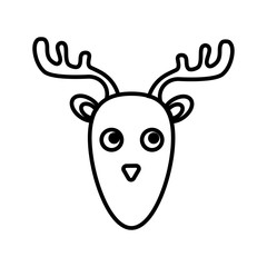Black and white small simple linear icon of a beautiful festive New Year Christmas deer with horns on a white background. Vector illustration