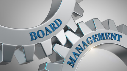 Board management concept. Words board management written on gear wheels.